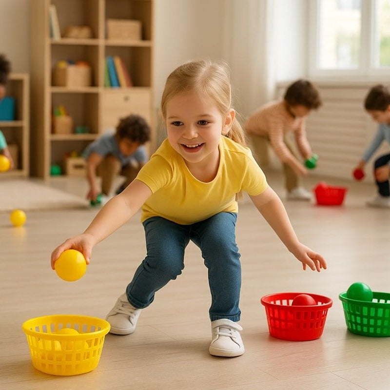 Children playing with colorful baskets and balls in a classroom setting